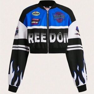 SHEIN ICON Letter & Fire Print Drop Shoulder Crop Bomber Jacket Blue Black XS